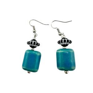 Handmade Blue Glazed Ceramic Black White Boho Beaded Dangle Drop 2" Earrings